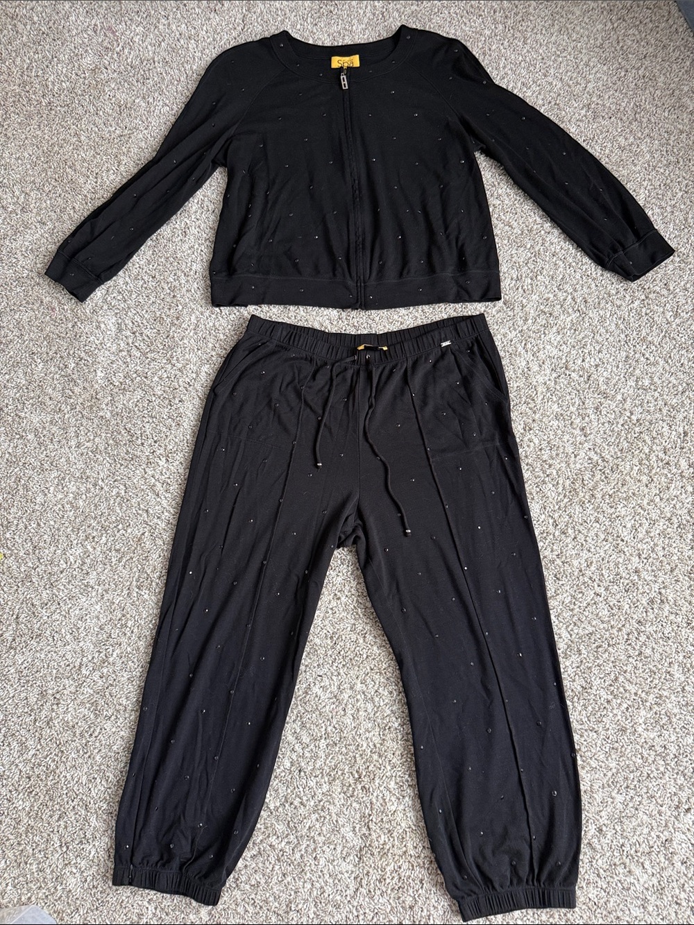 St. John Spa Black Jogger Pants and Zip Up -studs and sequin accents size large